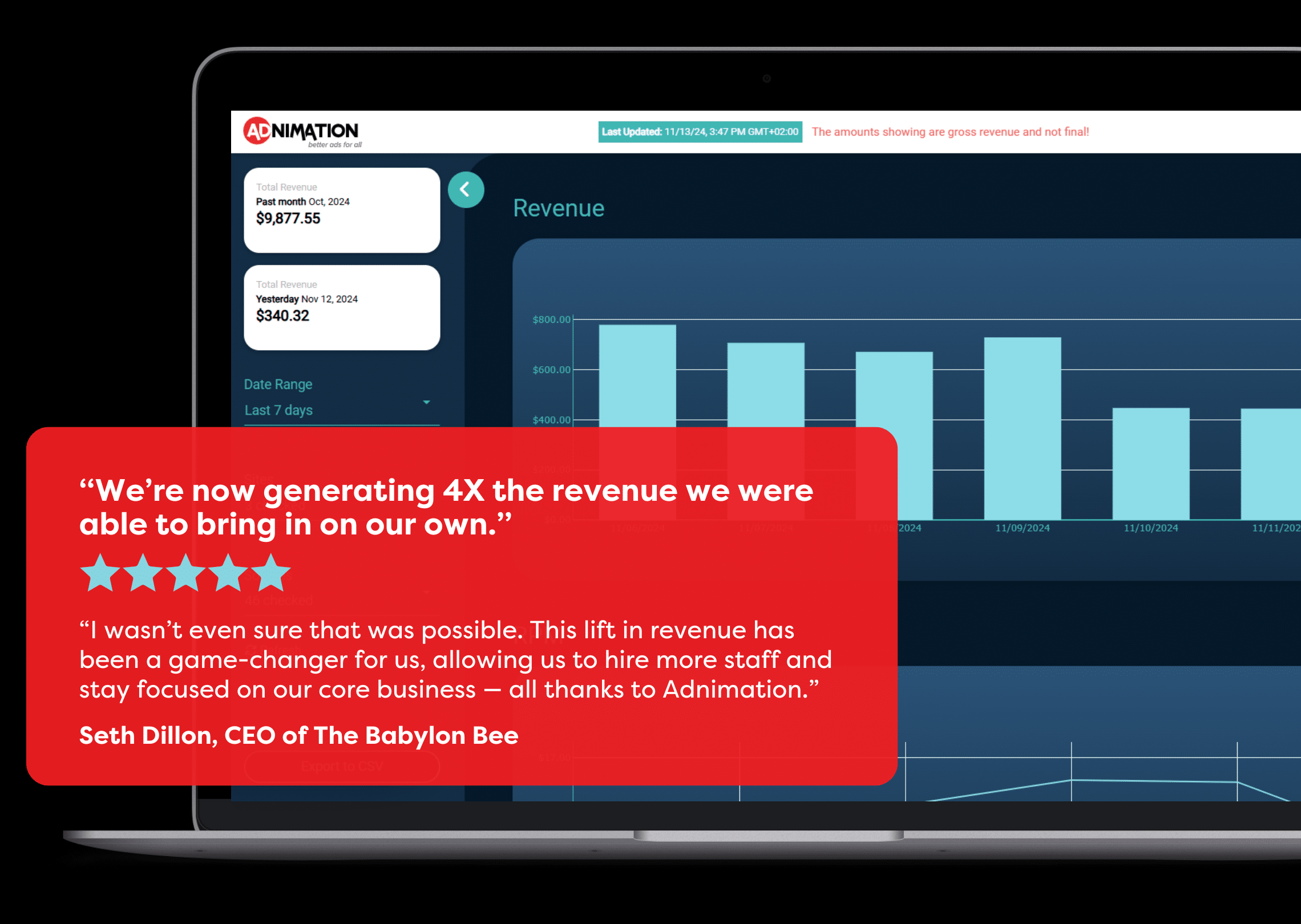 “We’re now generating 4X the revenue we were able to bring in on our own. I wasn’t even sure that was possible. This lift in revenue has been a game-changer for us, allowing us to hire more staff and stay focused on our core business — all thanks to Adnimation.”